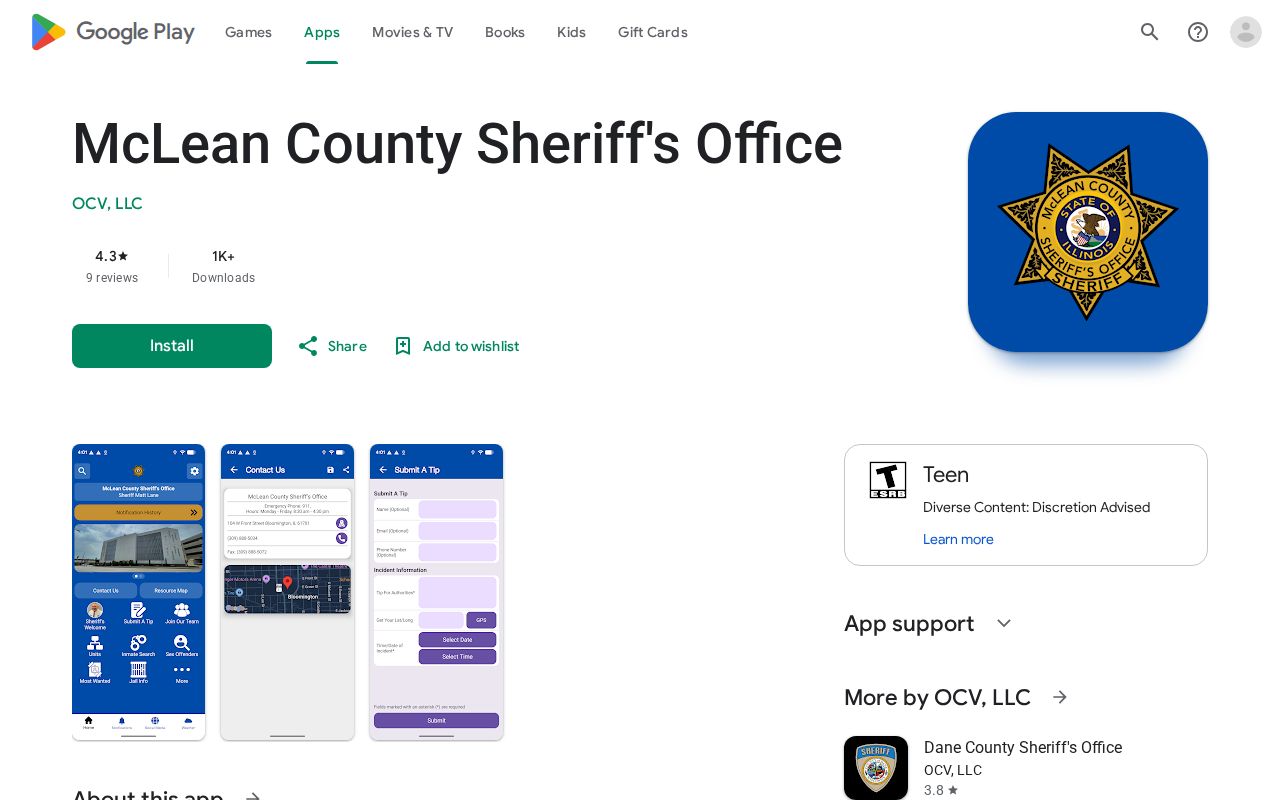 Google Play listing for the McLean County Sheriff's Office app
