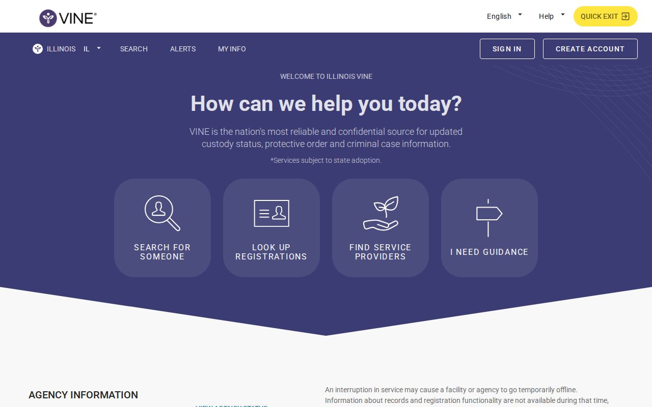 Illinois VINELink search screen for custody and case information