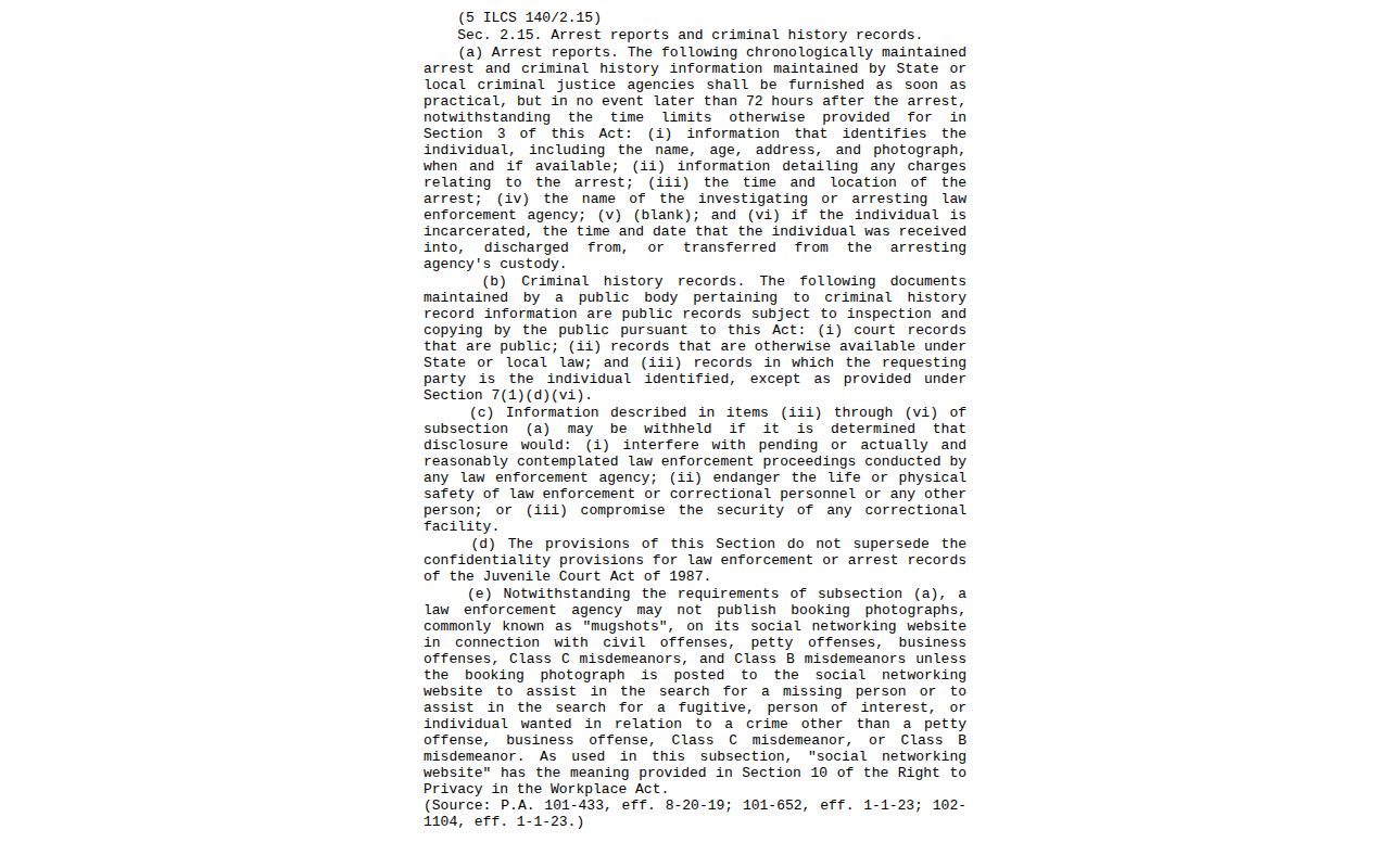 Illinois FOIA arrest record statute concerning photographs when available